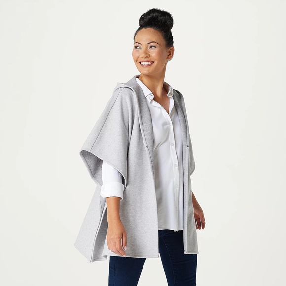 Denim&Co Heathered Cozy Button Side Poncho Gray XS - Picture 1 of 7